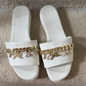 Karl Lagerfeld White Slides with Gold Accents